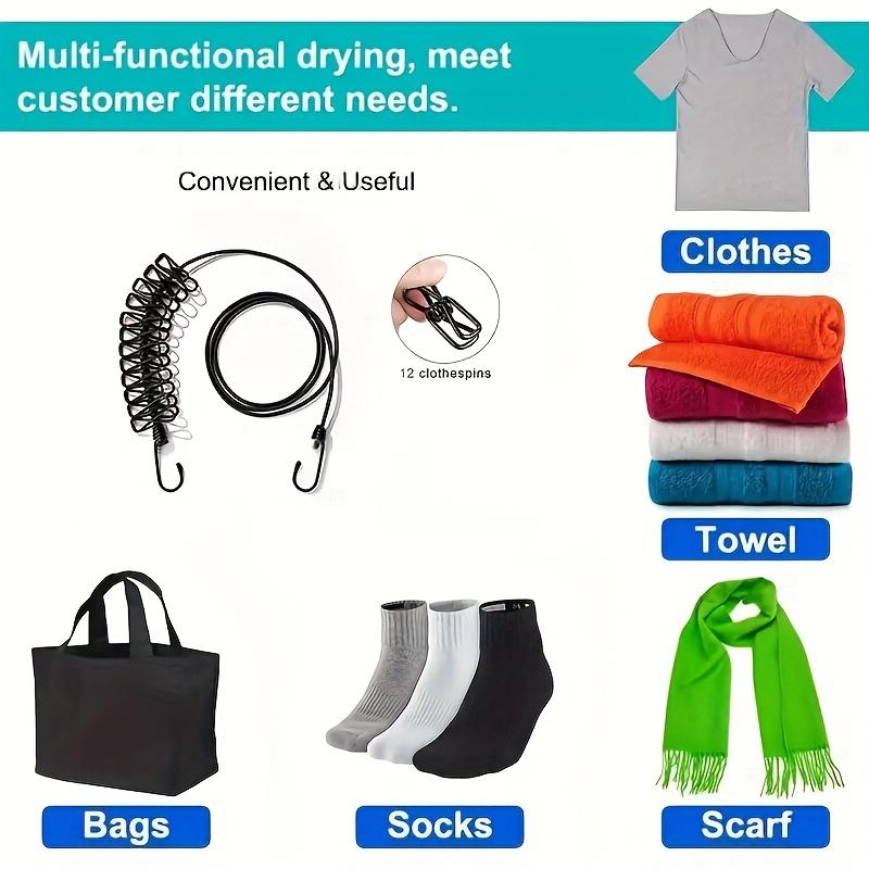 Дорожный портативный набор бельевой веревки с 12 прищепками, подходит для использования в помещении и на открытом воздухе, легкий и устойчивый к солнцу, идеально подходит для сушки одежды, сумок