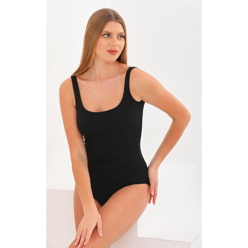 Square Neck Strap Swimsuit Black