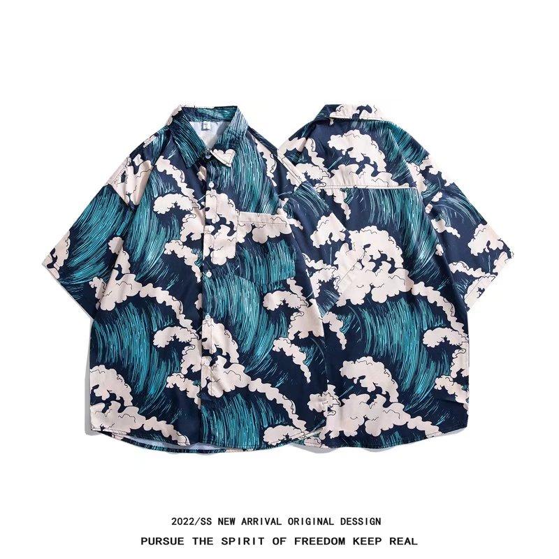 Рубашка с короткими рукавами, мужская летняя тонкая рубашка Ruoshuai в гавайском гонконгском стиле, рубашка в стиле ретро с принтом в японском стиле, ледяной шелк