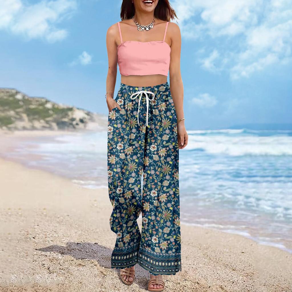 Женские летние брюки-палаццо в стиле бохо с высокой талией, широкие повседневные брюки с цветочным принтом и карманами