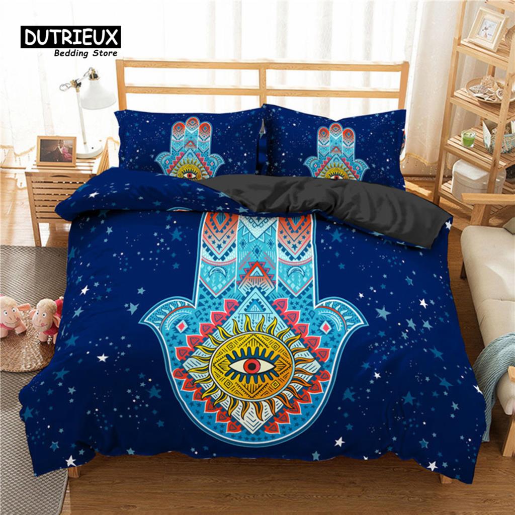 Hamsa Hand Duvet Cover Set Microfiber Golden Lucky Hand Of Fatima Bohemian Quilt Cover Black Gold Bedding Set Queen Room Decor