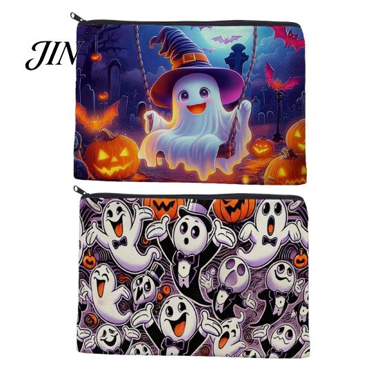 Durable Zipper Bag Halloween Storage Bag, with Colorful Cartoon Ghost Print, Canvas Trendy Makeup Large Capacity Lightweight Travel Toiletry Thick