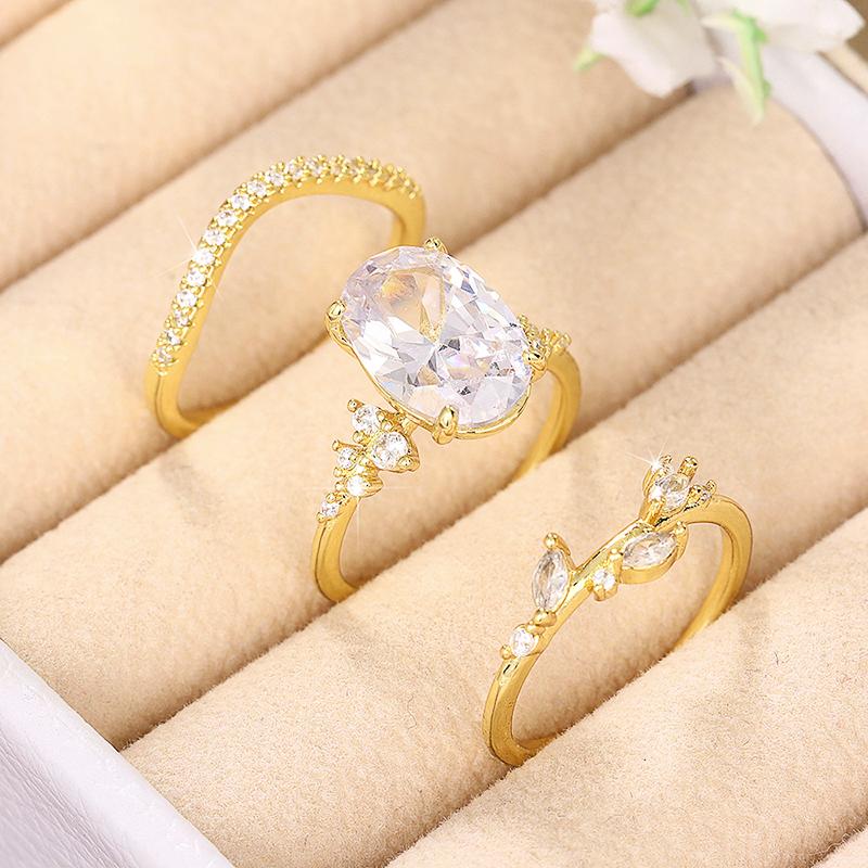 Huitan 3Pcs Gold Color Set Rings для женщин Эстетические аксессуары Свадьба Помолвка Вечеринка Темперамент Дамы Кольца Ювелирные Изделия Новые