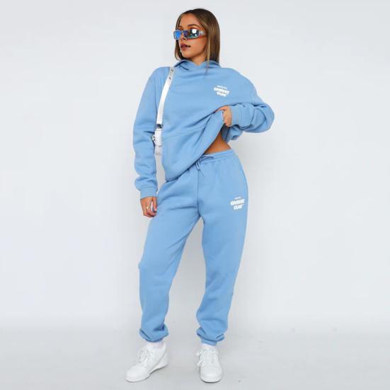 2 шт./комплект женский топ брюки комплект с капюшоном длинный рукав эластичные манжеты толстовка с капюшоном буквенный принт эластичный