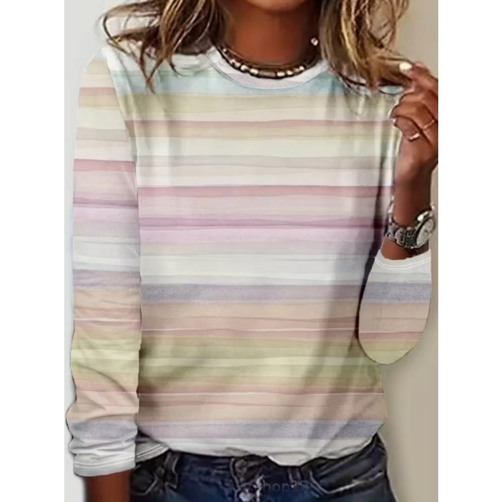 Женская футболка повседневная с длинным рукавом в полоску с принтом круглый вырез женская одежда оверсайз уличная винтажная футболка