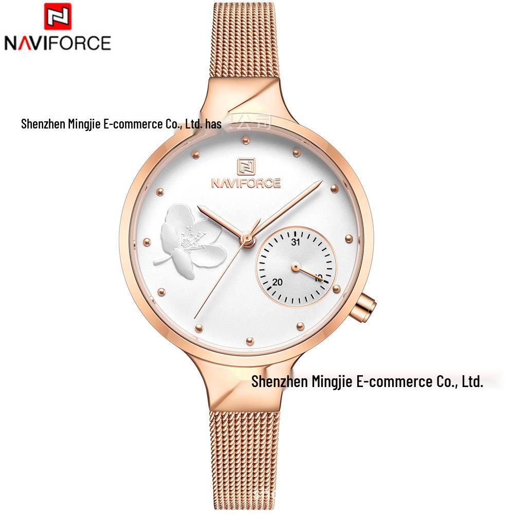 Женские модные кварцевые часы NAVIFORCE Lingxiang 5001 с сетчатым ремешком, водонепроницаемые, с функцией календаря