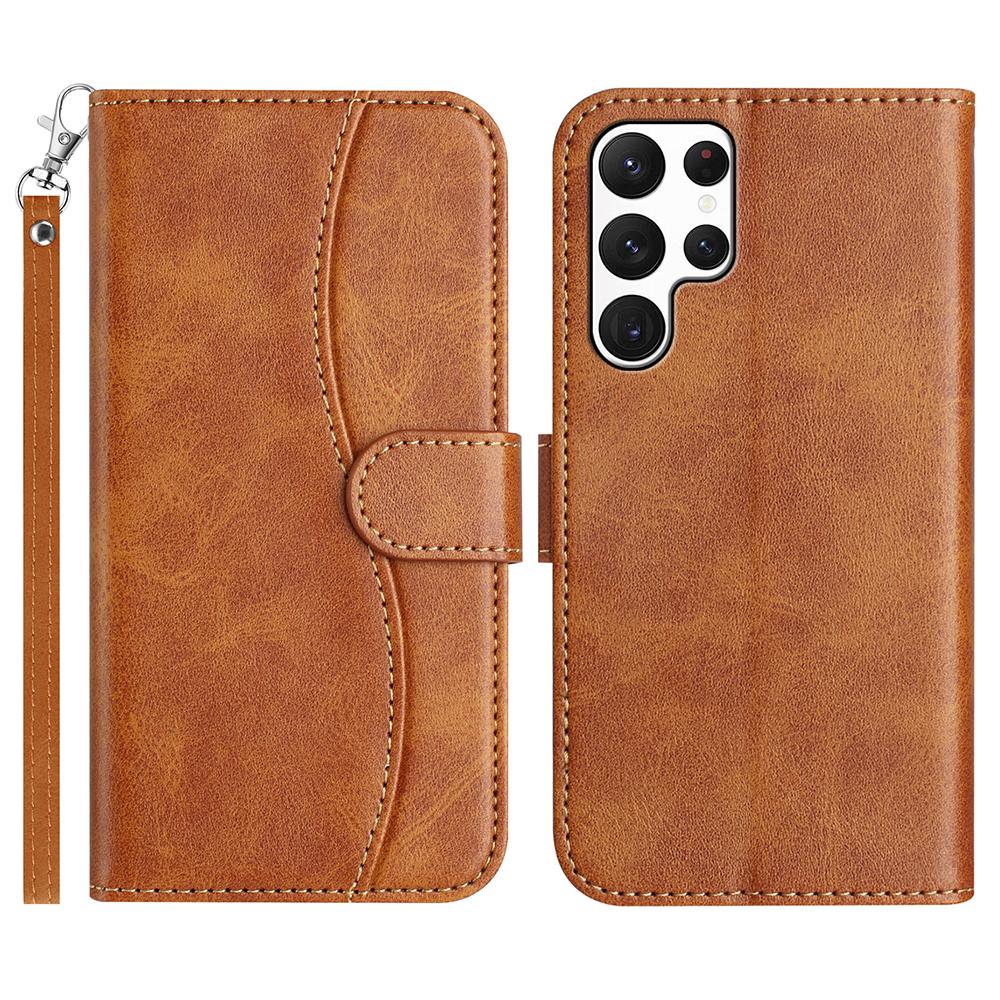 For Samsung Galaxy S24 Ultra Stand Case with Strap PU Leather Wallet Phone Cover S Shape Stitching Design