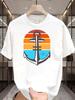 Unisexs Summer Cotton T Shirt Retro Sunset Anchor Print Short Sleeve Crew Neck Casual Nautical Graphic Daily Streetwear Loose Tops