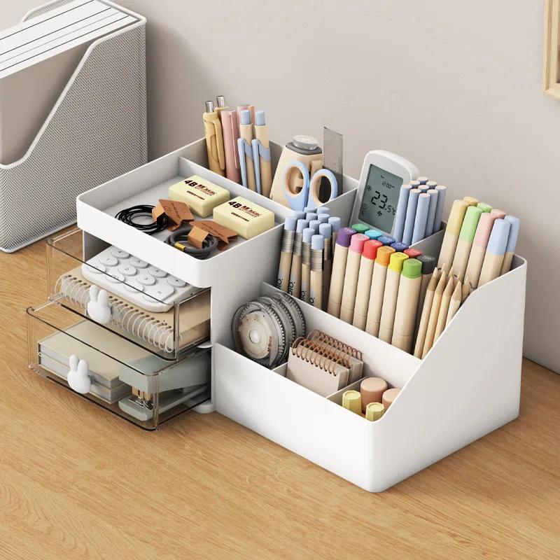 Transparent Desktop Cosmetic Storage Box Drawer Organizer with Pen Holder Stationery Storage Rack for Office Desks Makeup