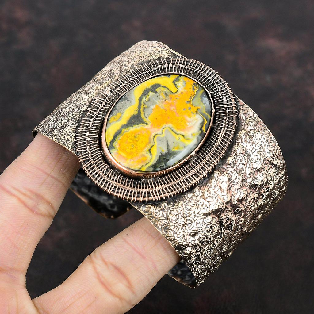 Браслет-манжета из яшмы с шмелем, медная проволока, ювелирные изделия из драгоценных камней, регулируемый браслет-манжета ручной работы, свадебный подарок, браслет из медной проволоки