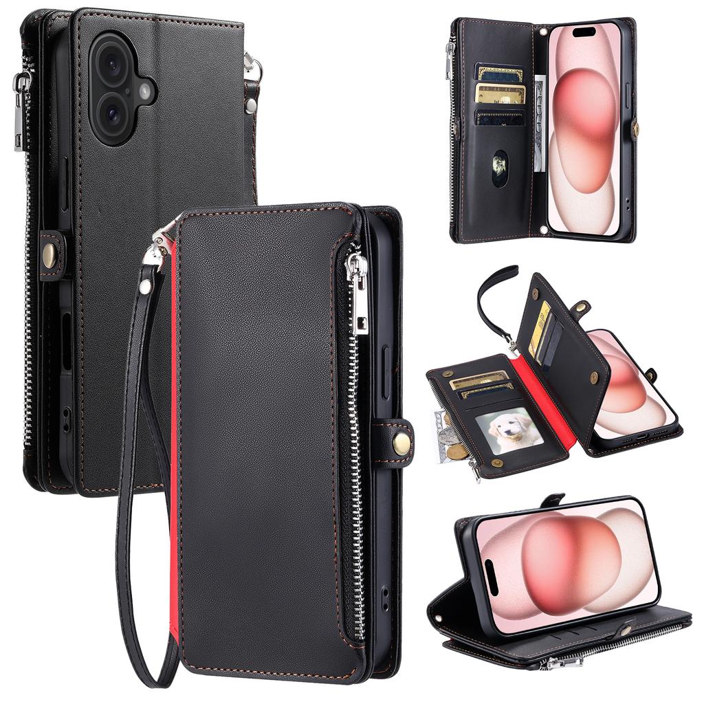 015 Style For iPhone 16 Plus Case Scratch-Resistant Leather Wallet Phone Cover with Straps