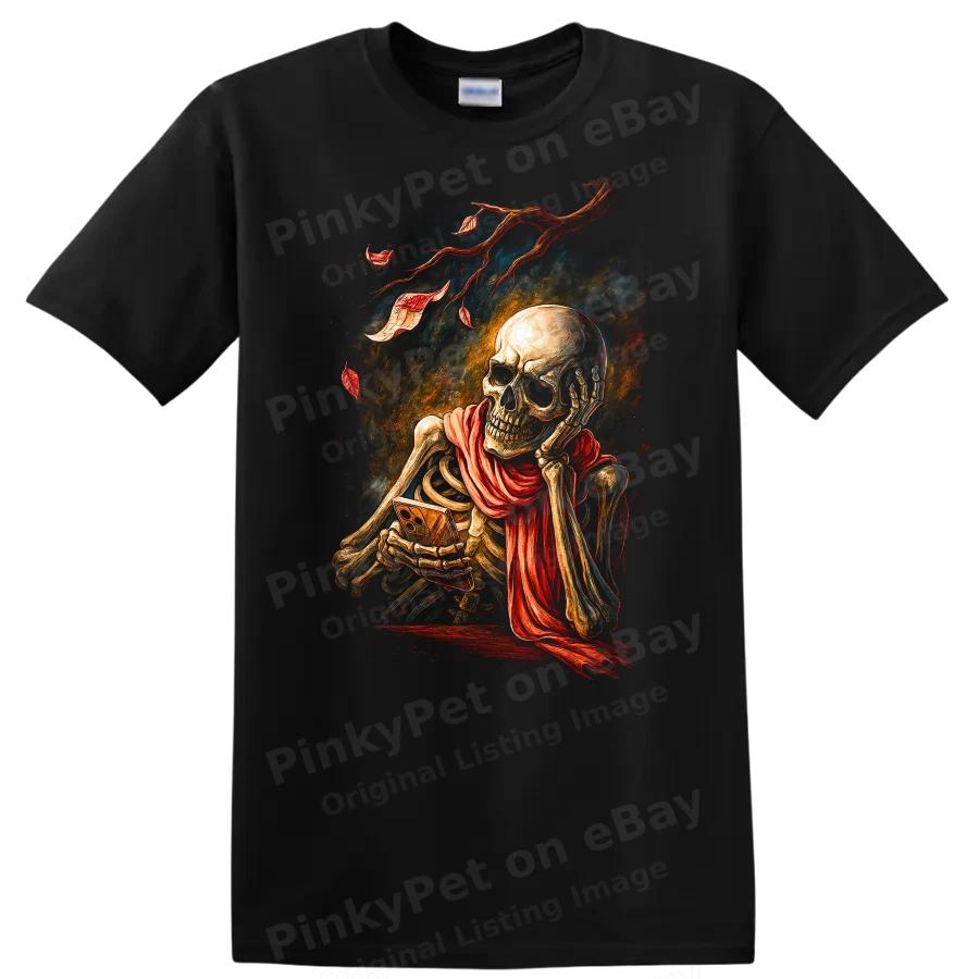 Skeleton Holding Phone Autumn Leaves Art T Shirt Fall Season Tee