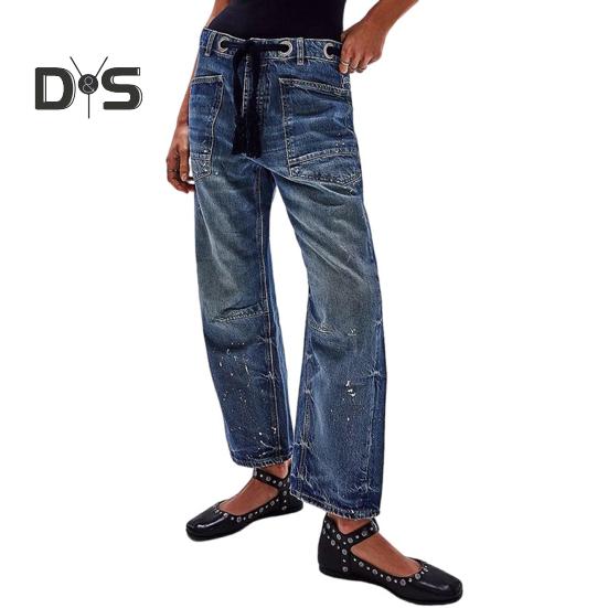 Women's Wide Leg Barrel Jeans Low Rise Drawstring Denim Ankle Pants Elastic Waist Stretchy Baggy Boyfriend Trouser