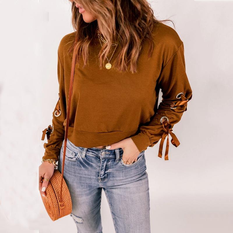 Женский топ с длинным рукавом и круглым вырезом, новый однотонный пуловер, повседневная футболка с длинным рукавом и завязкой
