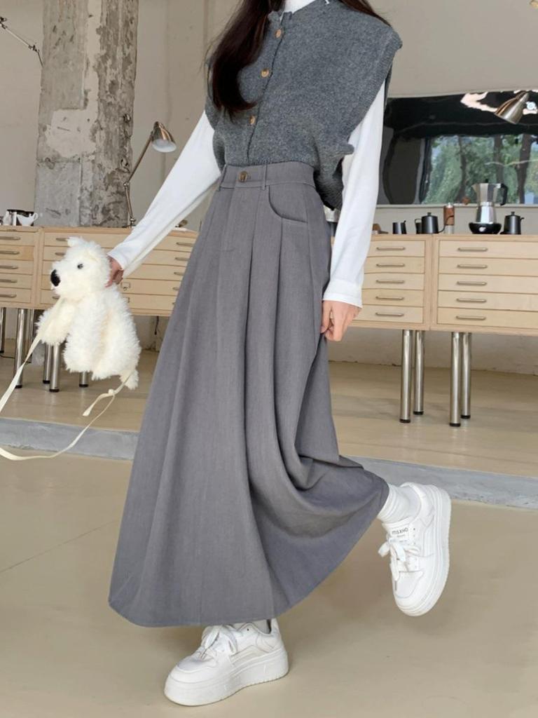 Plus Size Women's High Waist Black A-Line Midi Skirt - Autumn/Winter Fashion