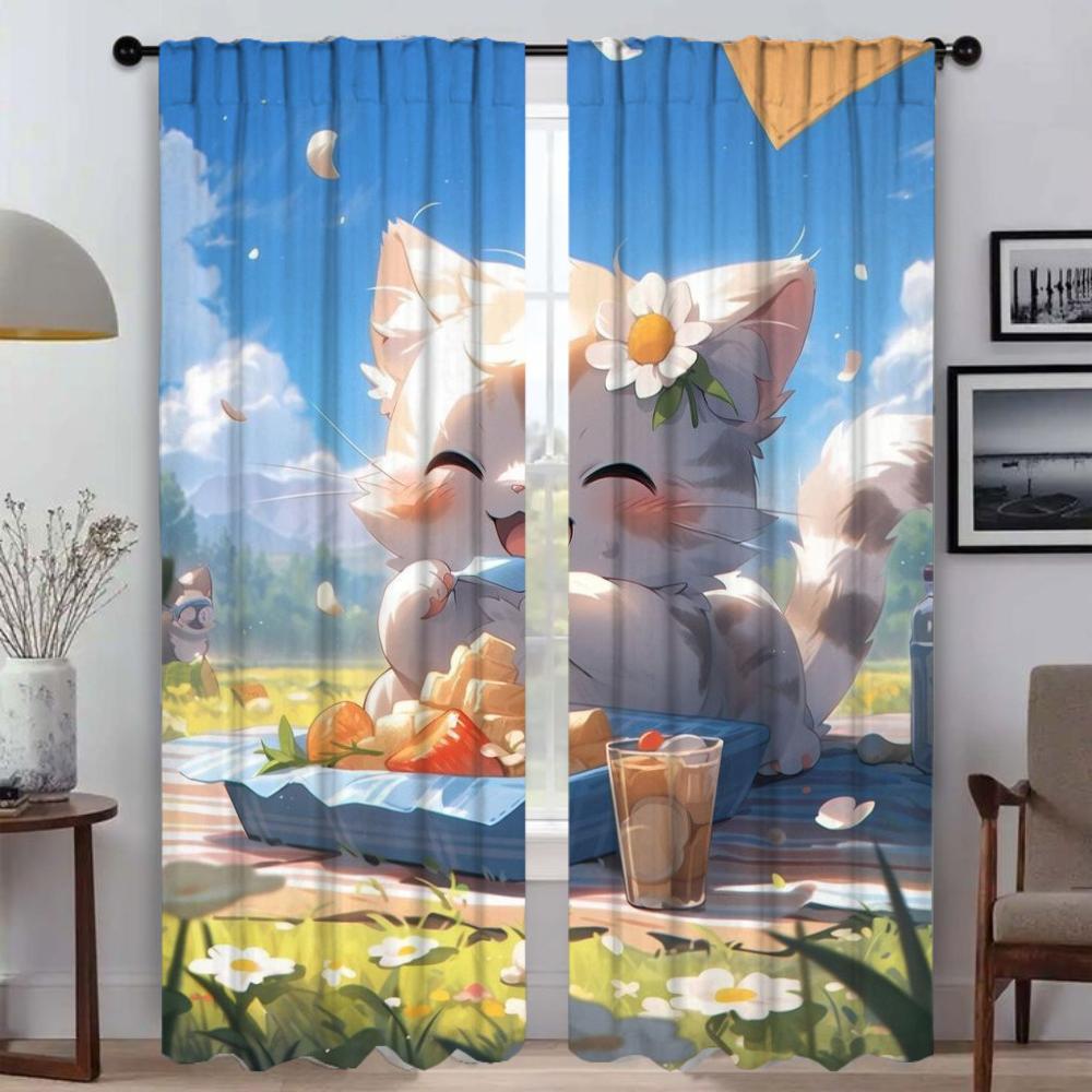 Anti-mosquito Curtains for Camera Cute Cartoon Cat Curtains Child Room Window Curtain for Room 2 Panel Partition Shades Living