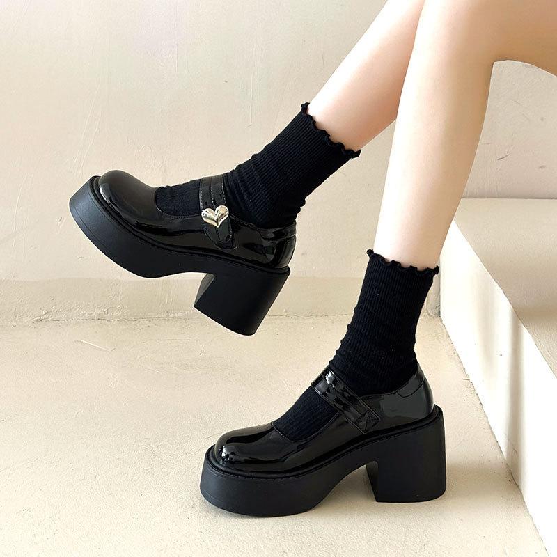 French Black Thick Heel Platform Small Leather Shoes Women's Autumn New Heightening Mary Jane Shoes Short Le High Heels