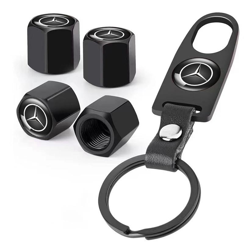 QBL2 New 2025 A Set Tire Valve Caps Wheel Cover With Leather KeyChain For Mercedes Benz A B C E V R-Class A45 C43 GLA GLC CLA SL Auto