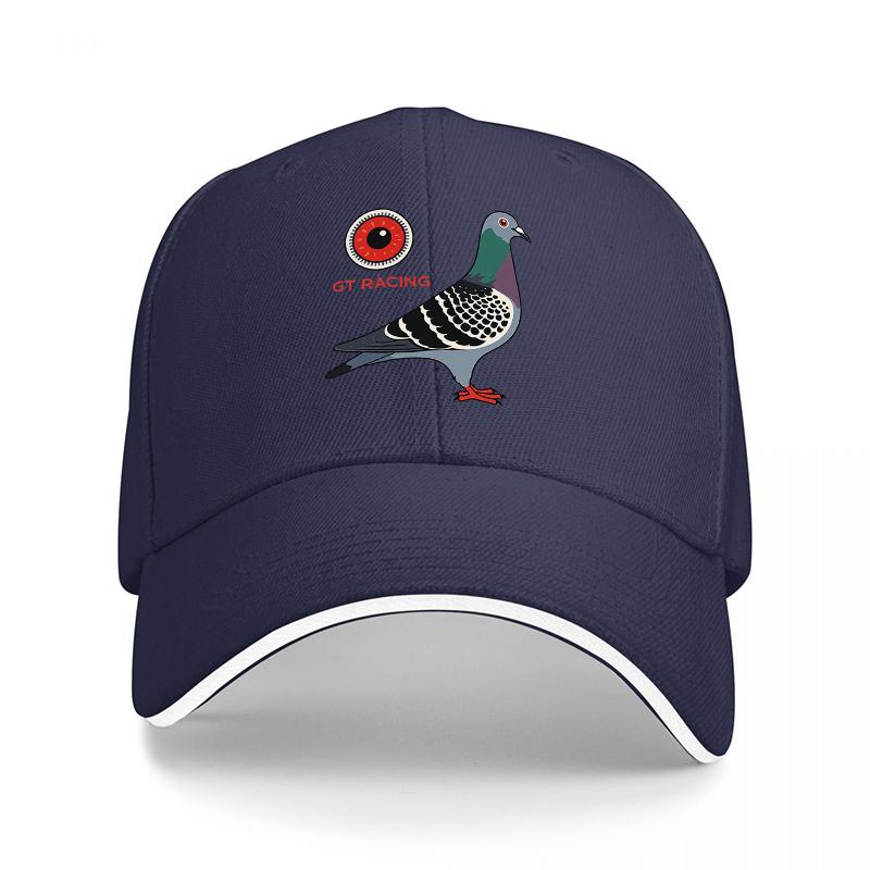 GT RACING PIGEON LOGO BASEBALL CAP BLACK WITH WHITE TRIM AND COLORFUL BIRD DESIGN FOR Unisex AND Women FASHION ACCESSORY