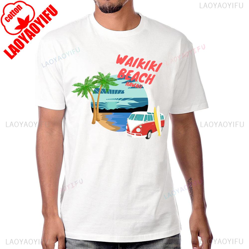 Летний стиль OAHU HAWAII Пляжная футболка Повседневная хлопковая с коротким рукавом Уличная одежда Мужская футболка Харадзюку Хип-хоп Дышащие удобные футболки