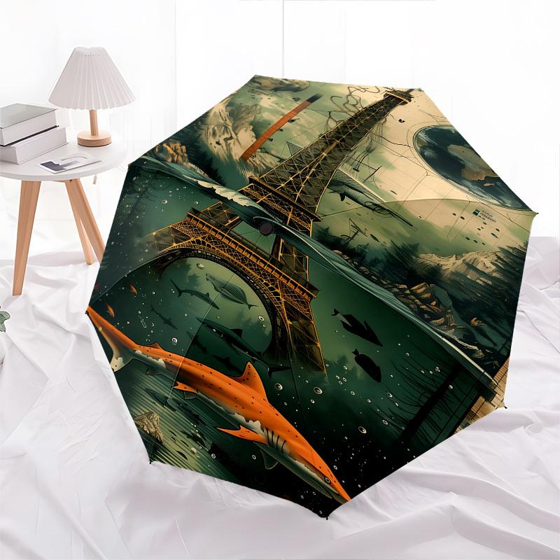 Eiffel Tower, Underwater Themed Automatic Opening and Closing Umbrella, Brightly Colored 8-rib Portable Umbrella, Suitable for Men and Women