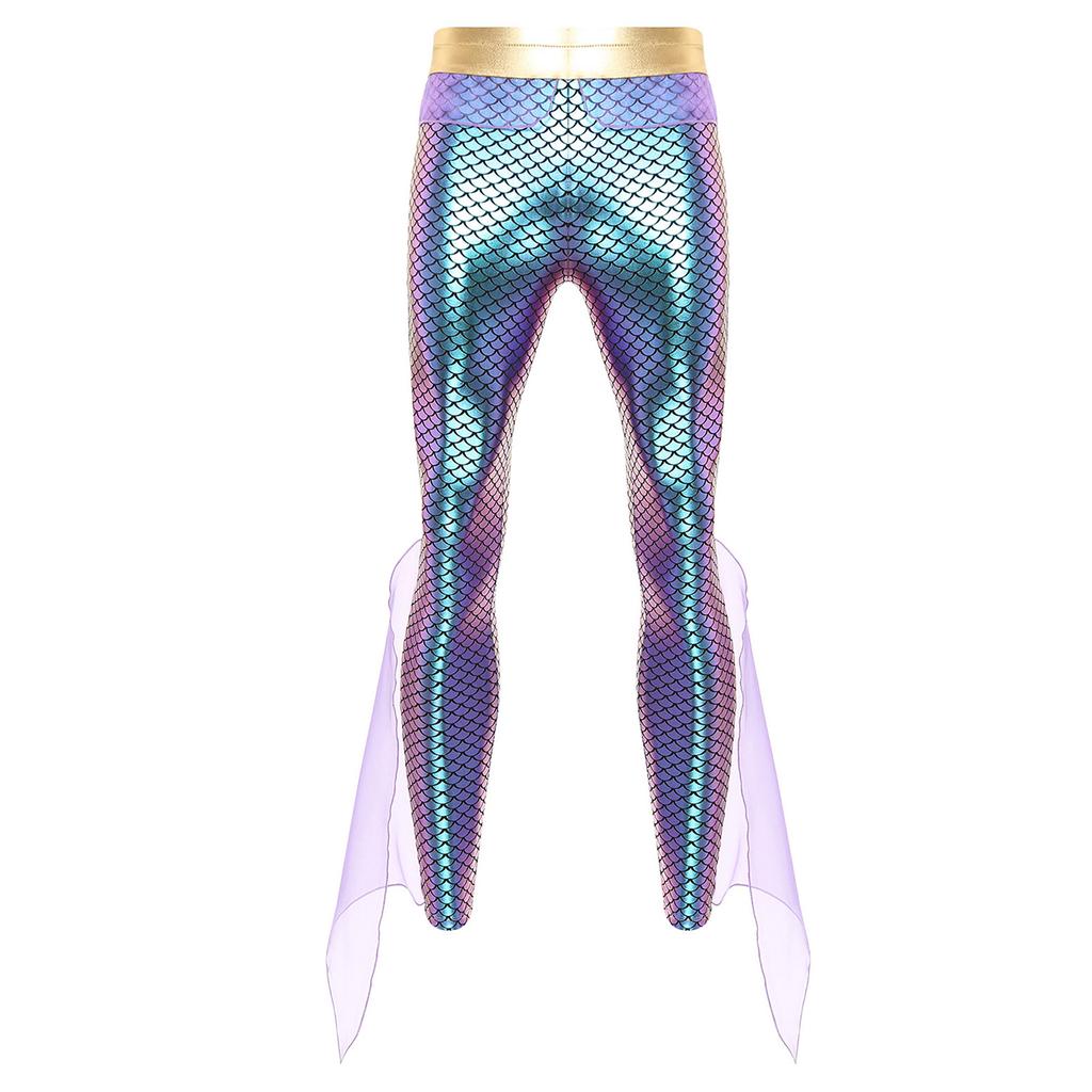 Mens Mermaid Pants King of the Seas Costume Elastic Waist Metallic Shiny Fishscale Print Tights Leggings
