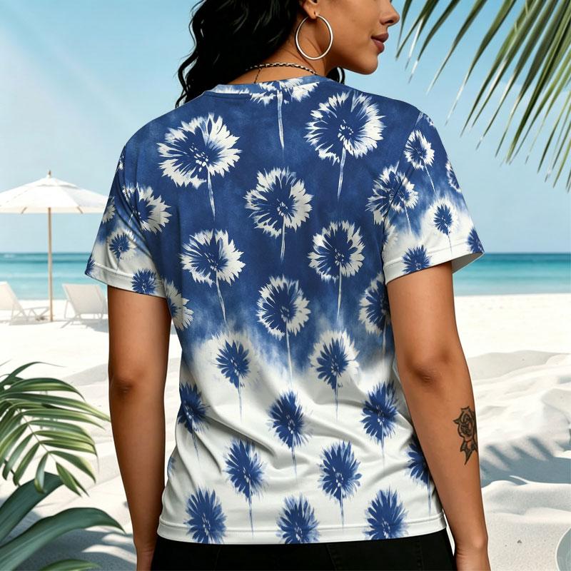 Women's Minimalist Blue & White Flower Print Short Sleeve T-Shirt Soft Loose Fit Summer Top, Versatile for Casual & Date Looks