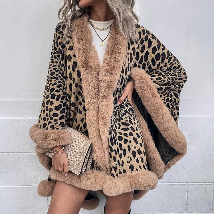 Women Autumn Winter Loose V-Neck Bat Sleeve Cardigan Leopard Knitwear Sweater Cross Border Cloak
