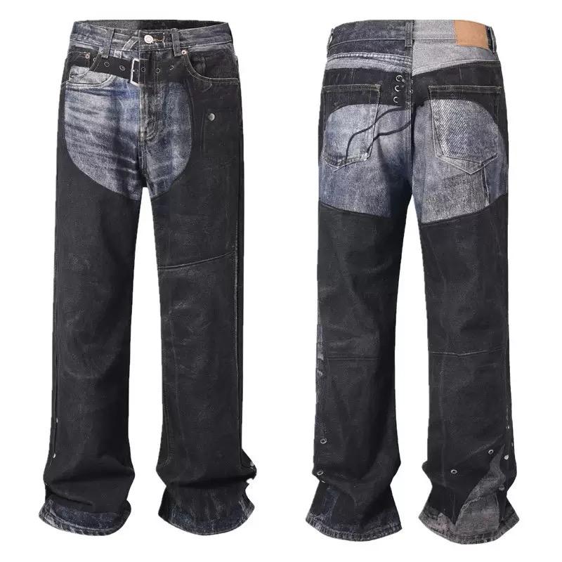High Street прямые потертые грязные рваные синие джинсы брюки для мужчин винтажные повседневные свободные джинсовые брюки потертые лоскутные брюки-карго