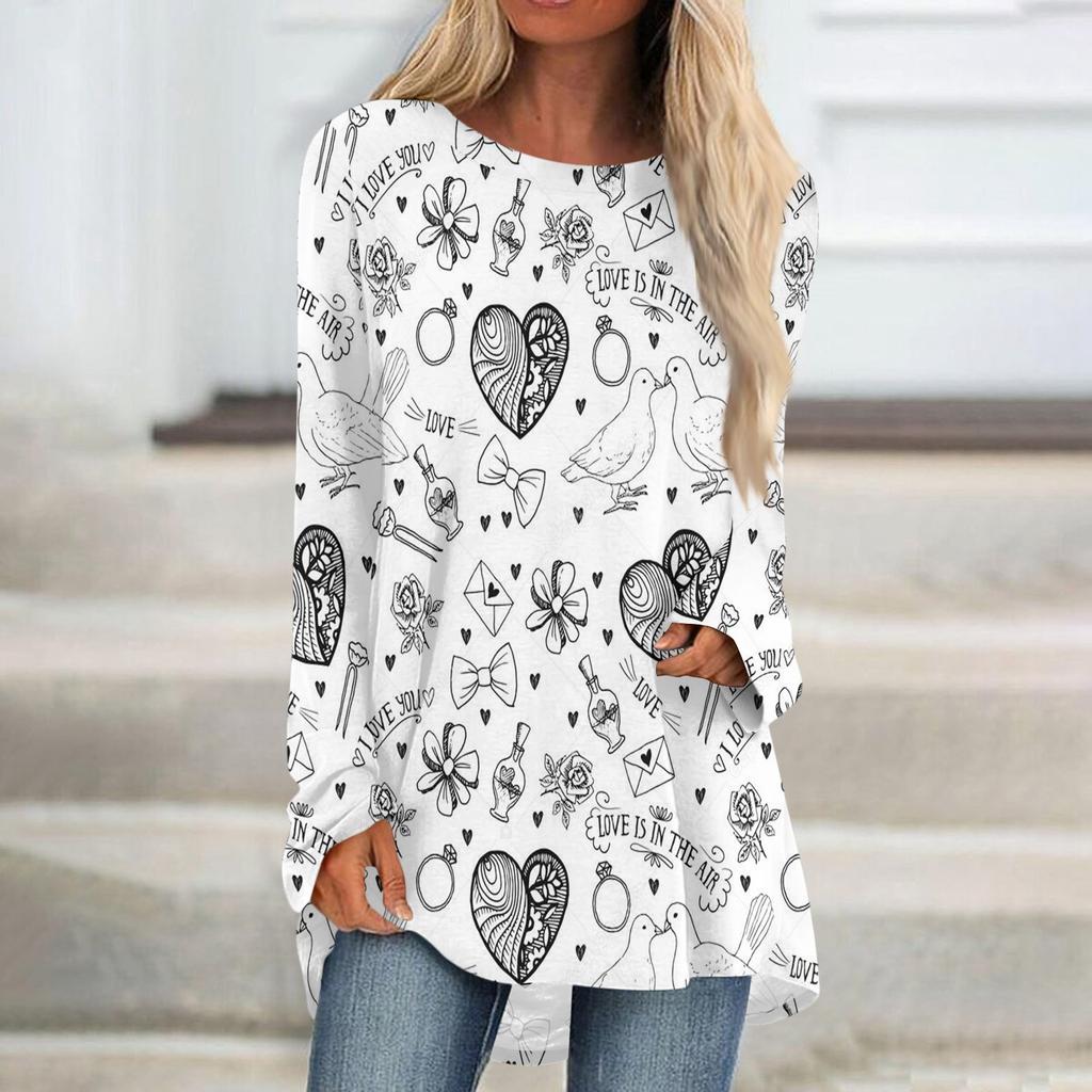 Женская мода повседневная блузка с длинным рукавом и принтом «Любовь ко Дню святого Валентина», круглый вырез, пуловер
