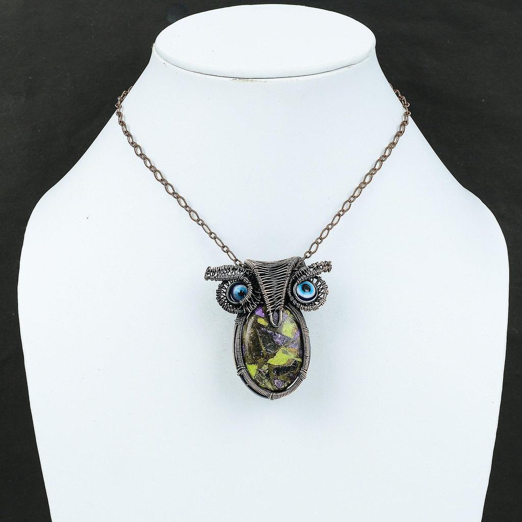 Подвеска из медного драгоценного камня стихтит, подвеска из медной проволоки, медные украшения, подвеска синего цвета от сглаза, подвеска ручной работы в виде совы, рождественский подарок