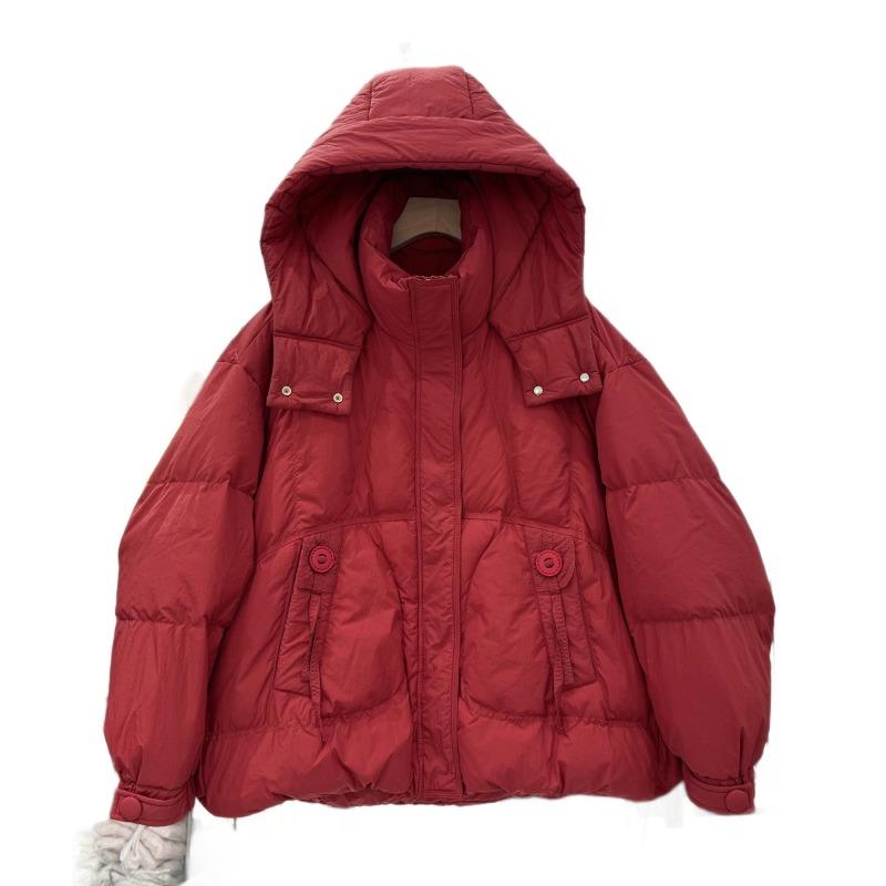 Модная белая пуховая куртка с капюшоном и круглой пряжкой, женская короткая зимняя, новая, свободная, теплая, белая, из утиного пуха.