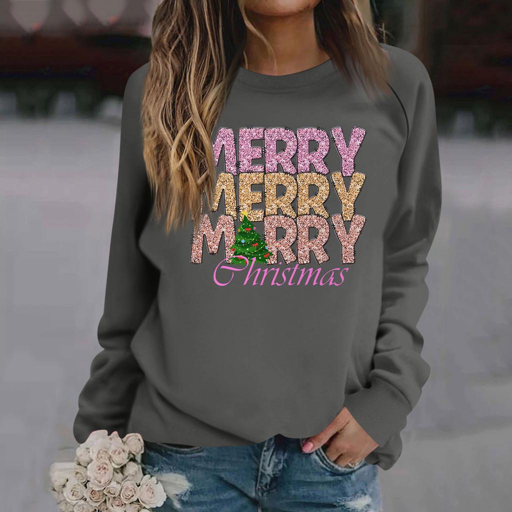 Женские футболки, свободные, модные и повседневные толстовки с круглым вырезом и длинными рукавами с рождественским принтом