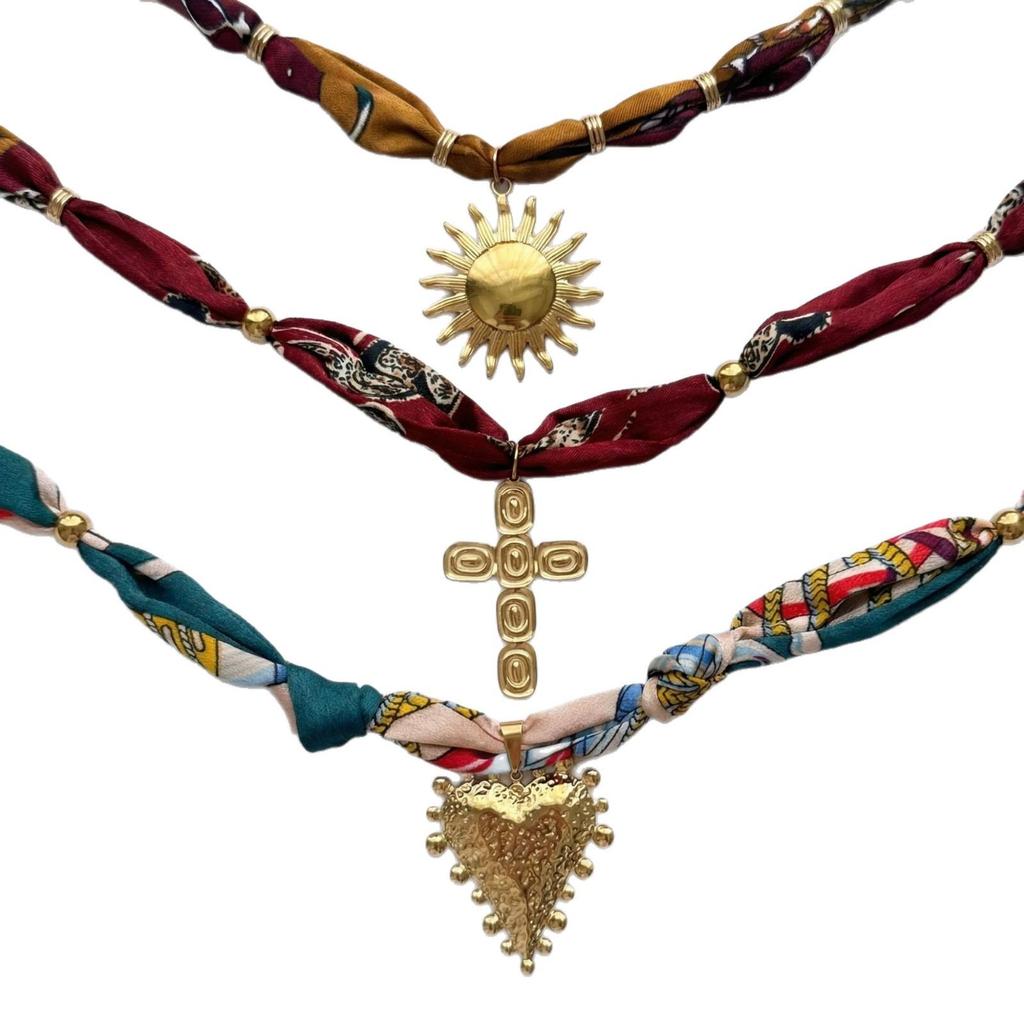 Sicilian Style Cross Heart Silk Scarf & Multi-layer Stainless Steel Necklace Set