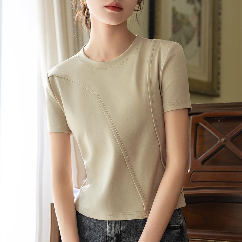 Short-sleeved T-shirt for Women's Summer New Women's Solid Color Round Neck Cotton T-shirt Design Short Top