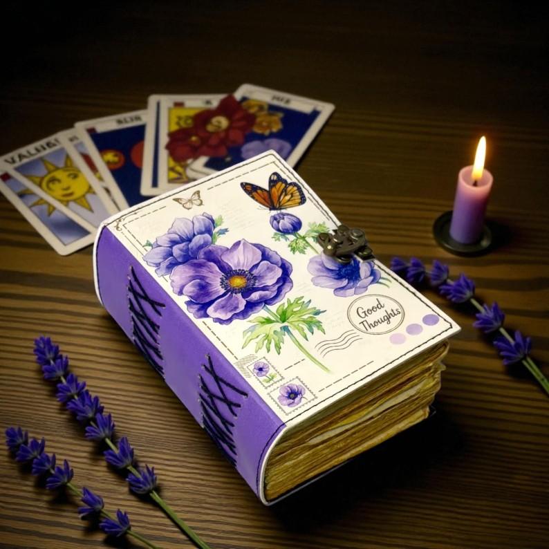 Lavender Floral Leather Journal | “Good Thoughts” Handmade Diary 5×7" | 200 Deckle Edge Pages | Butterfly Botanical Art Notebook with Lock
