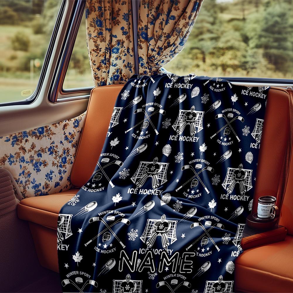 Hockey Player In Action With Fiery Background Blanket Personalized Name Soft Comfortable Stylish Blanket Car Blanket Perfect For Travel Camping