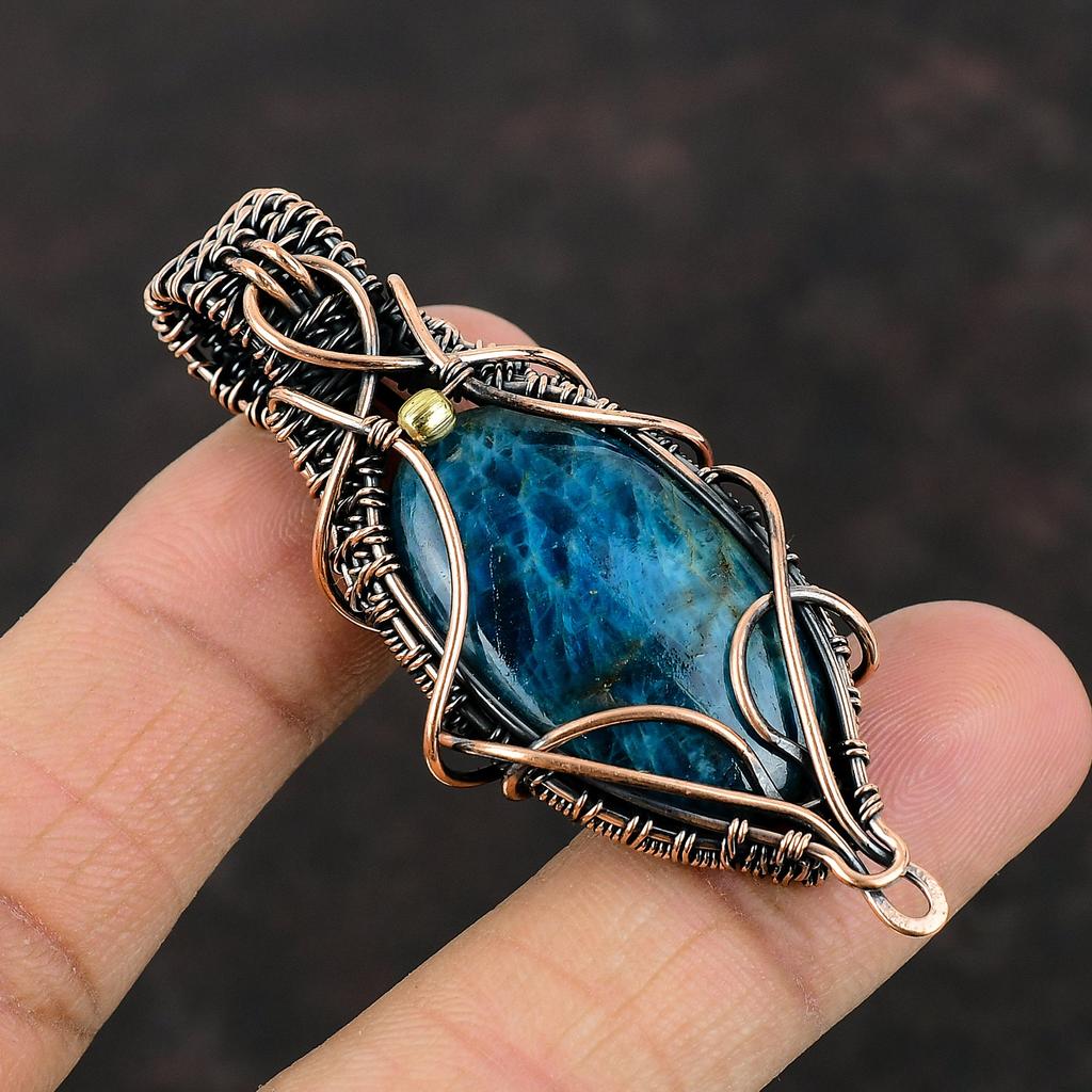 Неоновый апатитовый медный кулон, обернутый проволокой, неоновый апатит, ювелирные изделия ручной работы, кулон из медной проволоки, ювелирные изделия, драгоценный камень, кулон для подарка