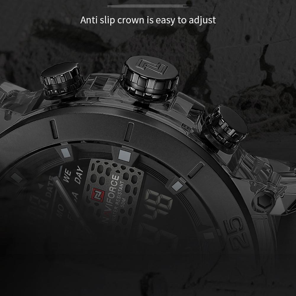 Naviforce Мужские спортивные часы Кварцевый механизм ЖК-цифровые часы Дата День Хронограф Водонепроницаемый силиконовый ремешок Мальчики Многофункциональные часы NF6104