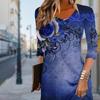 Женское повседневное платье Осенние платья с принтом синих роз для женщин Платье с коротким рукавом и круглым вырезом размера плюс