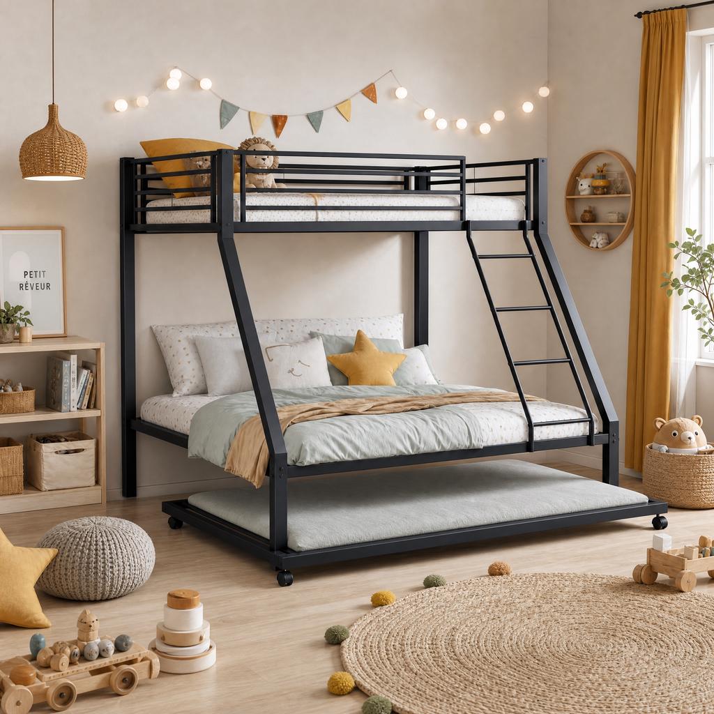 Металлическая двухъярусная кровать 90x200 и 140x200 см, Выдвижная кровать 90x190 см, Семейная кровать Грузоподъемность до 550 кг, 3 спальных места, Наклонная лестница и Защита от падения, Черный