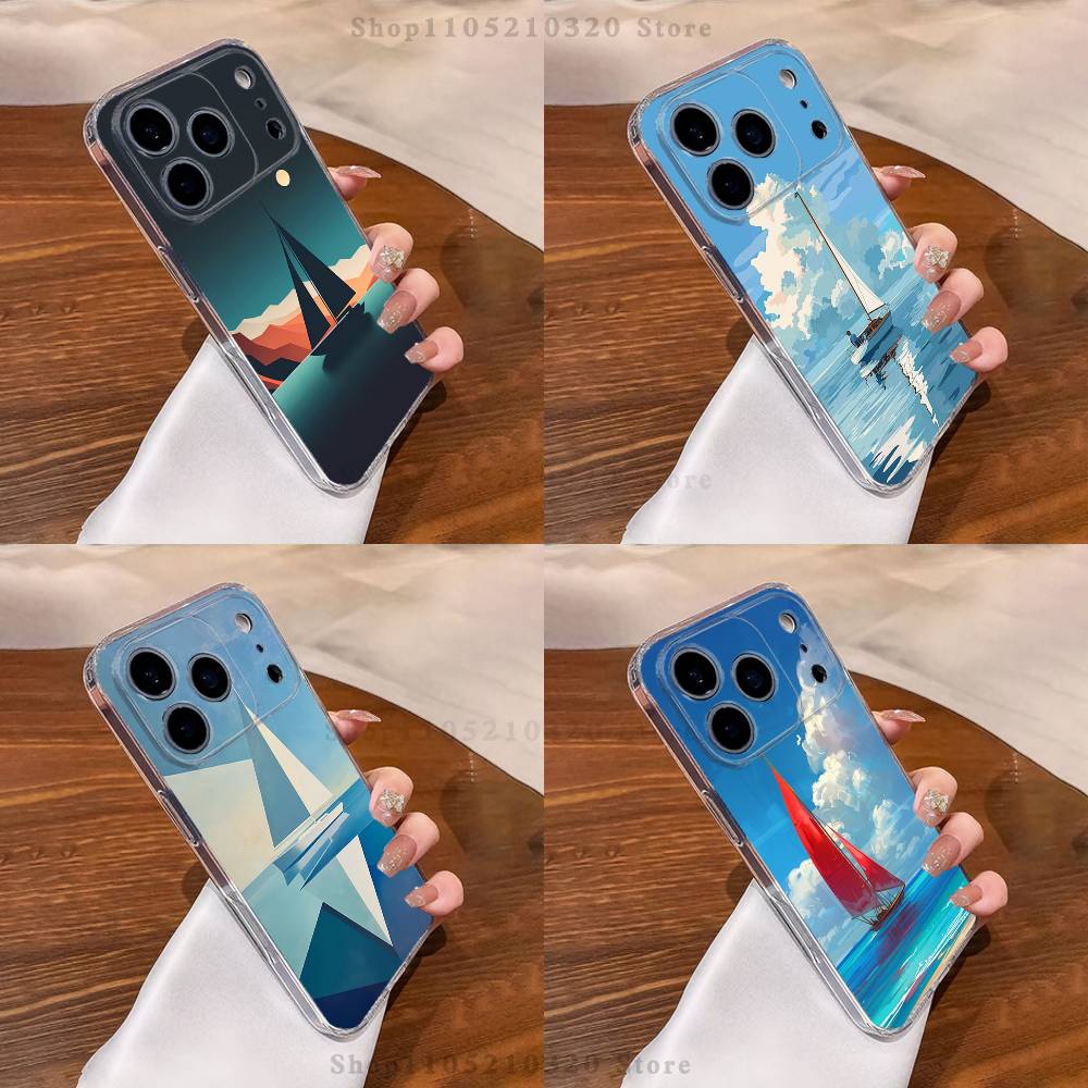 Чехол для телефона с рисунком парусной лодки для iPhone 17 16 15 14 13 12 11 Pro Max Plus Mini, прозрачный, с полной задней крышкой, силиконовый, мягкий