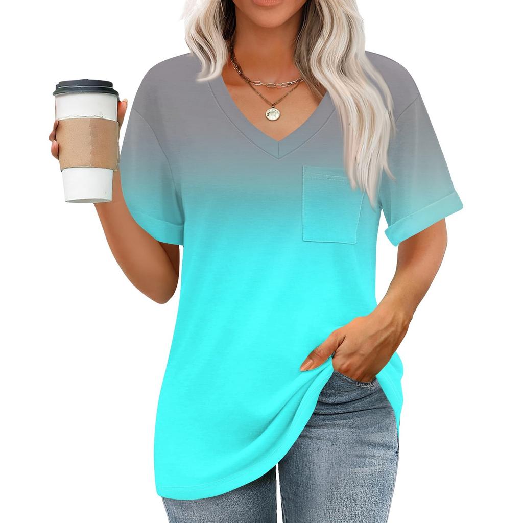 Женские топы с V-образным вырезом и коротким рукавом Блузки Повседневные модные принты Туники Топы с карманами