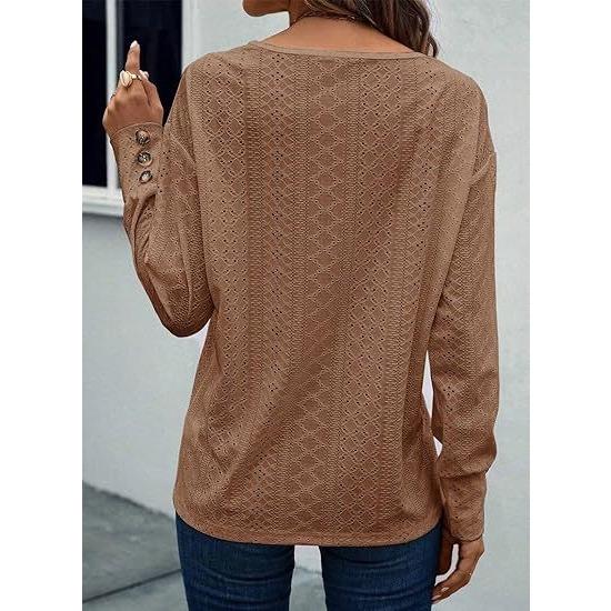 GMXIA Женская модная повседневная рубашка с V-образным вырезом и длинным рукавом, на пуговицах, с ажурной кружевной вышивкой