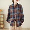 Long Sleeve Lapel Button Down Chest Pocket Shirt Women Art Retro Loose Double-layer Cotton Yarn Plaid Shirts Top for Women