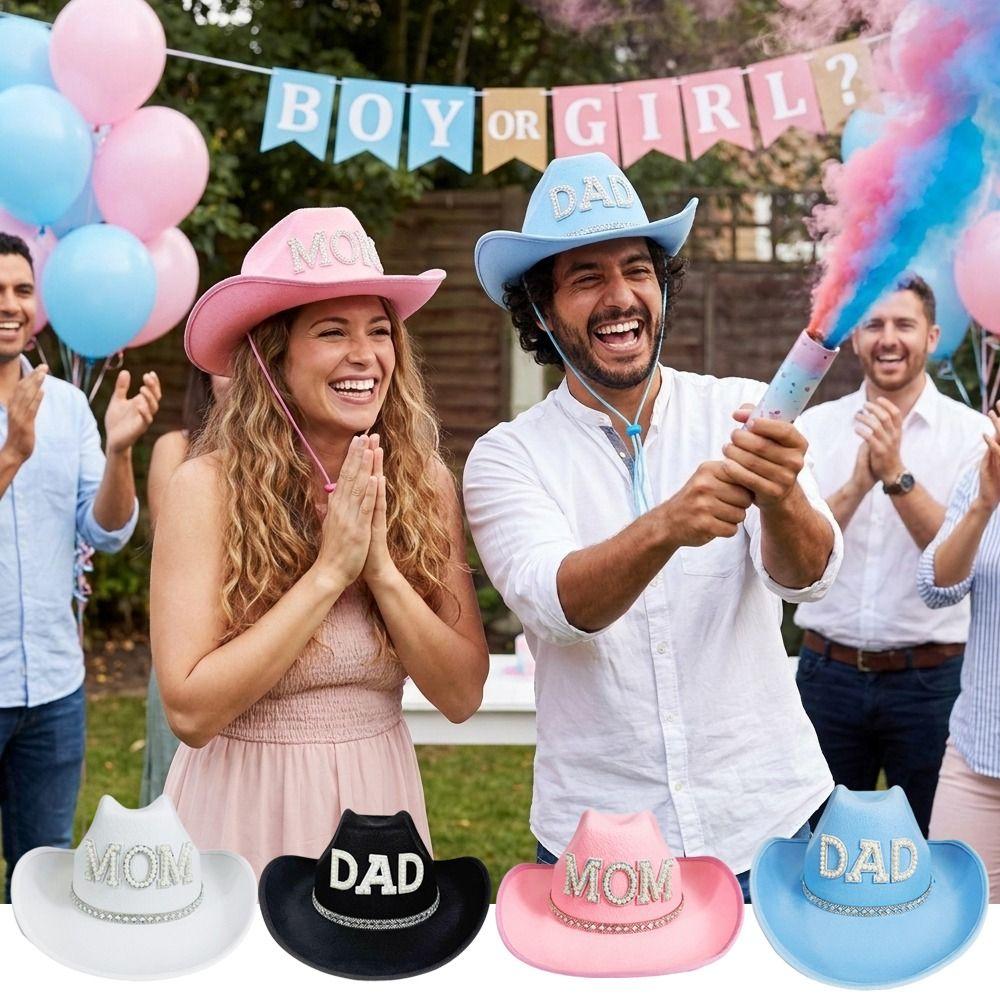 Vintage MOM DAD Cowboy Hat Wide Brim Jazz Hat Fashion Western Cowboy Hat  For Gender Reveal Party