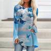 Plus Size Women Spring White Cloud Butterfly Printed Long Sleeve Round Collar T-shirt Casual Baggy Mid Length Tee Tops