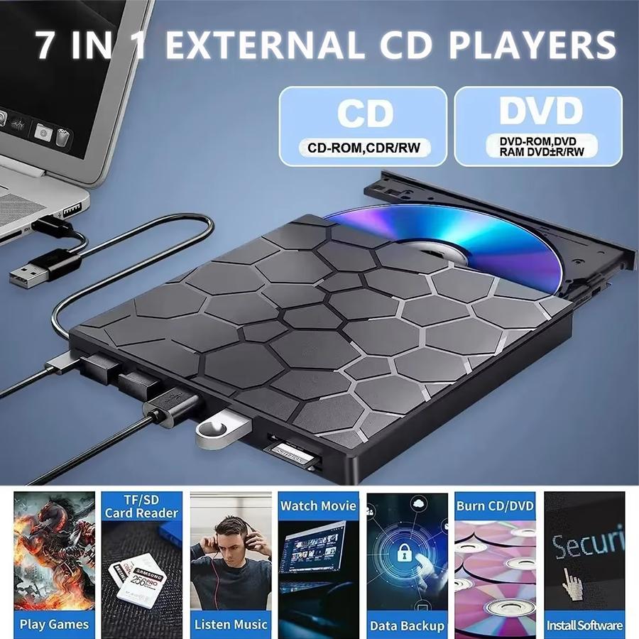Внешний DVD RW CD-плеер 7-в-1 Оптические приводы USB 3.0 Type-C DVD-резак Записывающее устройство Считыватель Дисковод для ноутбука Настольного компьютера