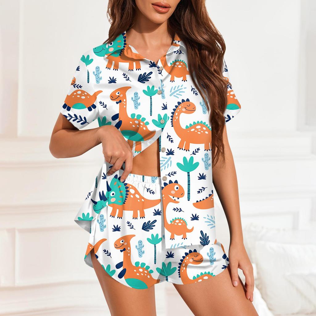 Женская шелковая пижама с пуговицами, домашняя одежда, принт со звездами, короткий рукав, атласный пижамный комплект из 2 предметов