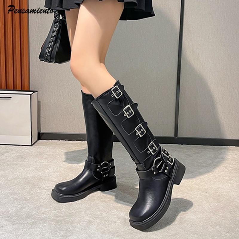 Ins Style Metal Buckle Real Leather Women Motorcycle Boots Vintage Autumn Winter Gothic Platform Knee-high Boots Shoes